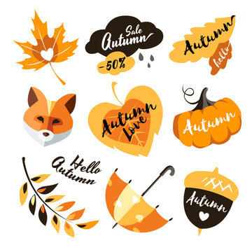 love autumn label sticker collection set traditional objects leaf heart clouds pumpkin fox umbrella 