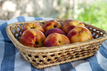 Fruit. Juicy nectarines in basket, close-up