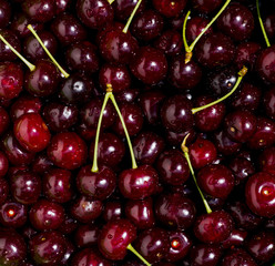Freshly red cherry berries with water droplets. Healthy food background