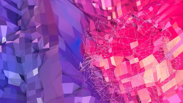 Abstract simple blue red low poly 3D surface as art background. Soft geometric low poly motion background with pure blue red polygons. 4K Fullhd seamless loop background with gradient blue red
