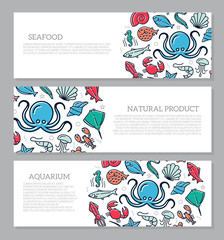 Set of three digital fish and seafood horizontal banners with icon pattern. Vector illustration