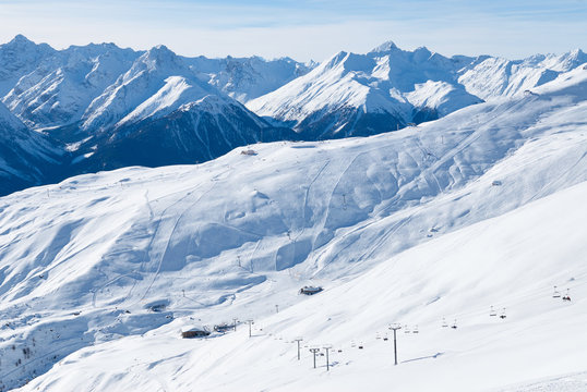 Winter landscape view. Small mountain ski resort Scuol in Switzerland.