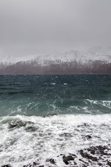Mountains and whitecaps.
