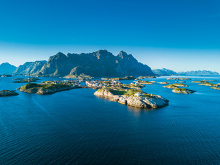 Obraz premium Henningsvaer village. Aerial view. Norway.