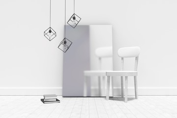 Empty chair by blank picture frame against wall 