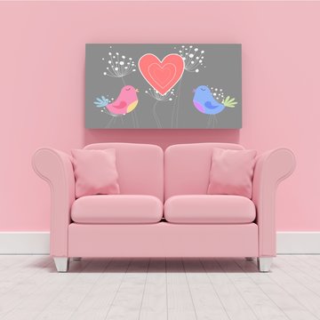 Composite image of pink couch against blank picture frame 