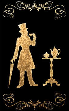 The man in clothes of XIX century with an umbrella and in the cylinder costs at a restaurant little table and holds in a hand a cup of coffee. Gold foil. There is an option in the vector.
