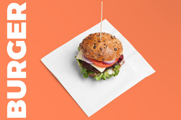 Fresh tasty burger. Classic hamburger with juice. Isolated big american cheeseburger.