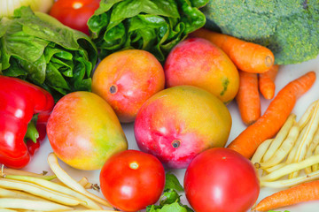 Various types of fresh vegetables and friuts, that are exellent for vegetarian meals as well as ingredients healthy of dishes