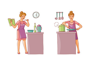 Vector illustration set of women preparing food in the kitchen. Character is holding a cookbook with recipes and prepares food. Girl fry on a frying pan and cook in a pan on the electric stove.