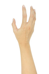 right back hand of a man trying to reach or grab something. fling, touch sign. Reaching out to the left. isolated on white background