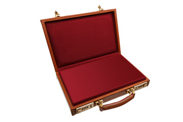 Brown leather suitcase with combination lock and gold locks isolated on white