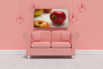 Composite image of 3d illustration of empty coral sofa with