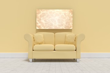 Composite image of 3d illustration of yellow sofa with cushions