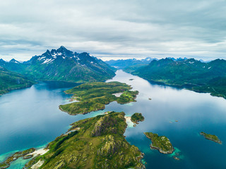 Aerial view mountain landscapes on the Norwegian Sea