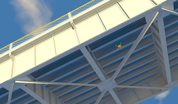 3D render of a UAV drone with top-mounted camera inspecting the underside structure of a steel bridge. Fictitious UAV and bridge, blue sky and motion blur for dramatic effect.