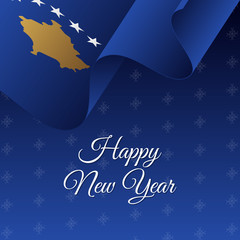 Happy New Year banner. Kosovo waving flag. Snowflakes background. Vector illustration.