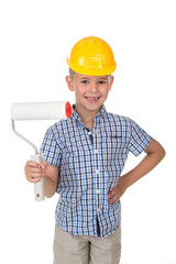 Cute little boy in yellow hardhat and blue checkered shirt playing a painter, isolated on white background