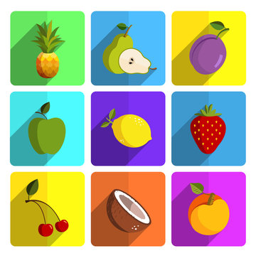 Colorful Fruit Icon Set on Bright Background