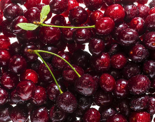 Freshly red cherry berries with water droplets. Healthy food background