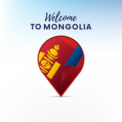 Flag of Mongolia in shape of map pointer or marker. Welcome to Mongolia. Vector illustration.