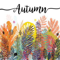 Multicolor trendy tropical autumn background, exotic leaves. Vector botanical illustration, Great design element for congratulation cards, banners and flyers.