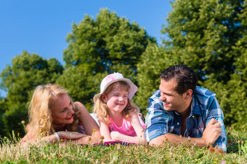 Fototapeta premium Family lying on meadow, looking to camera, cupping chins in hands