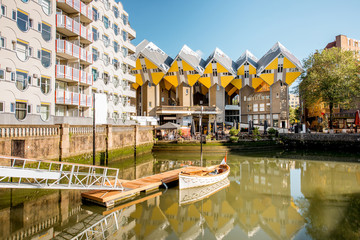 View on the Oude haven historical centre of Rotterdam city during the sunny weather