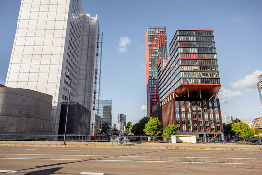 View on the street at the office district during the morning in Rotterdam city