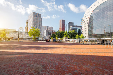 View on the central square and market hall during the morning in Rotterdam city