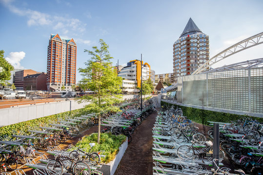 View on the bicycle parking and buildings on the central square in Rotterdam city