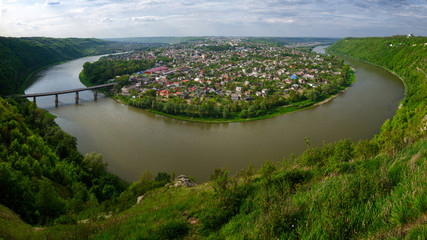 The unique city Zalischyky, Ternopol region, Ukraine, top view