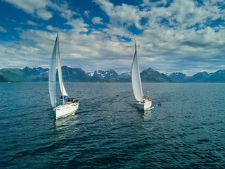 Fototapeta na wymiar Aerial view of sailing yacht in Norway