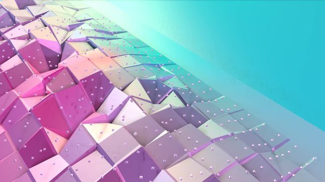 Abstract simple blue pink low poly 3D surface and flying white crystals as geometric mesh. Soft geometric low poly background with copy space. 4K Fullhd seamless loop background.