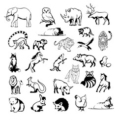 Obraz premium Big animal set including king lion, bengal tiger, howling wolf, faithful dog, deer, grizzly bear, horse, bulldog, strong elephant, wild boar.