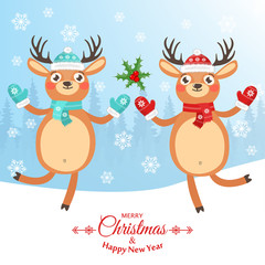 Happy New Year and Merry Christmas. Lovely postcard with reindeers