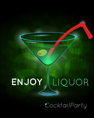 Classic martini cocktail with olive and red straw disco