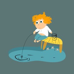 Little fisherman. Fishing. Vector illustration