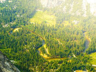 Aerial view of river Merced in Yosemite National Park, California, USA.