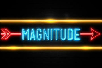 Magnitude  - fluorescent Neon Sign on brickwall Front view