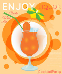 Orange cocktail with straw and decorative umbrella on orange circles