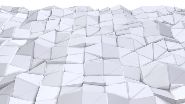 Simple low poly 3D surface as fashion background. Soft geometric low poly background of pure white grey polygons. 4K Full hd seamless loop background with copy space