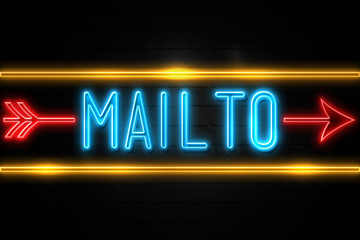 Mailto  - fluorescent Neon Sign on brickwall Front view