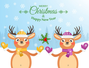 Happy New Year and Merry Christmas. Lovely postcard with reindeers
