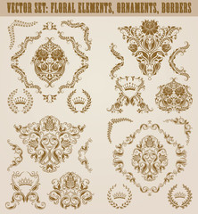Set of gold damask ornaments. Floral element, ornate border, corner, crown, frame, laurel wreath for design. Page, web royal decoration on black background in vintage style. Vector illustration.