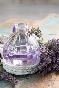 Nature cosmetics, handmade preparation of essential oils, parfums, creams, soaps from fresh and dried lavender flowers, French artisan home style