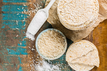Healthy puffed rice cakes crackers stacked with sea salt