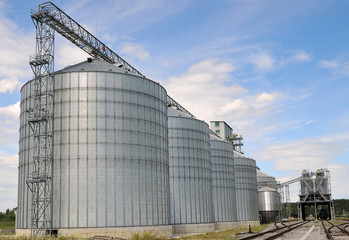 Agricultural Silos. Metal grain facility with silos.