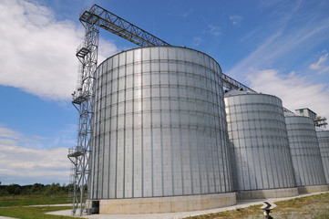 Agricultural Silos. Metal grain facility with silos.