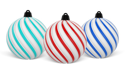 Christmas Ball in different colors. Twisted Christmas Balls on white background. 3D Rendering.